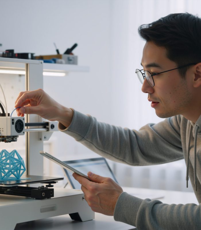 A young Asian man wearing glasses and a grey hoodie is focused on operating a 3D printer in a bright, modern workshop. He is holding a tablet in one hand while adjusting a blue geometric 3D-printed object on the printer bed with his other hand. The background shows shelves with various spools of filament, indicating a technical and innovative environment.